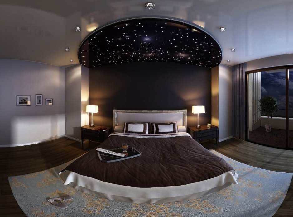 Двухуровневые натяжные потолки в спальне