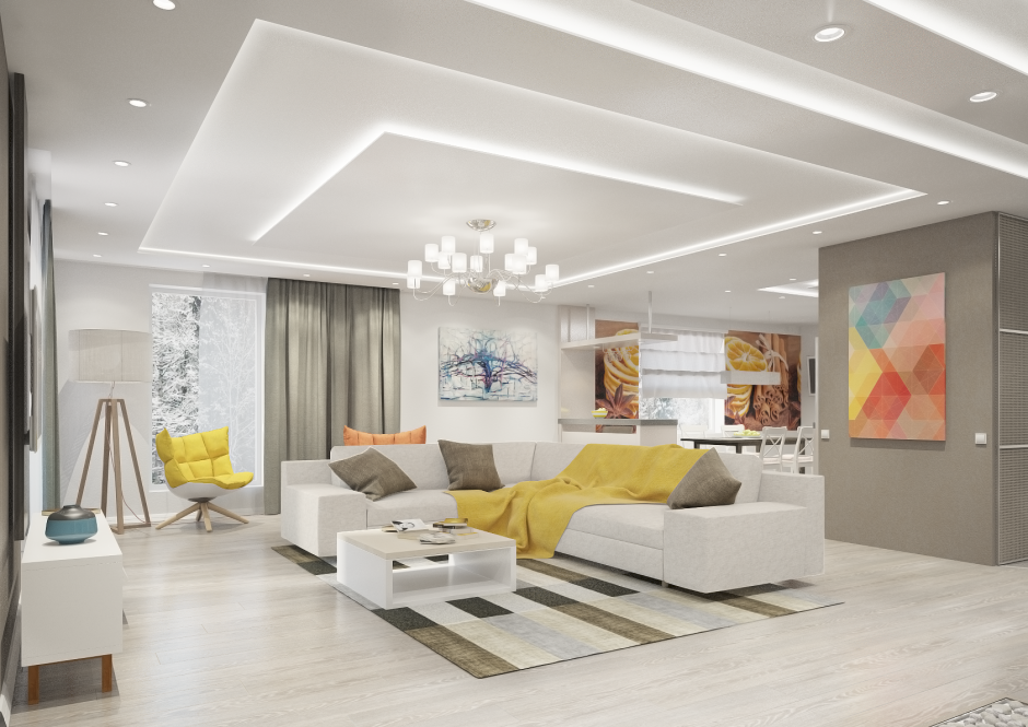 Потолок гостиная совмещенная с кухней