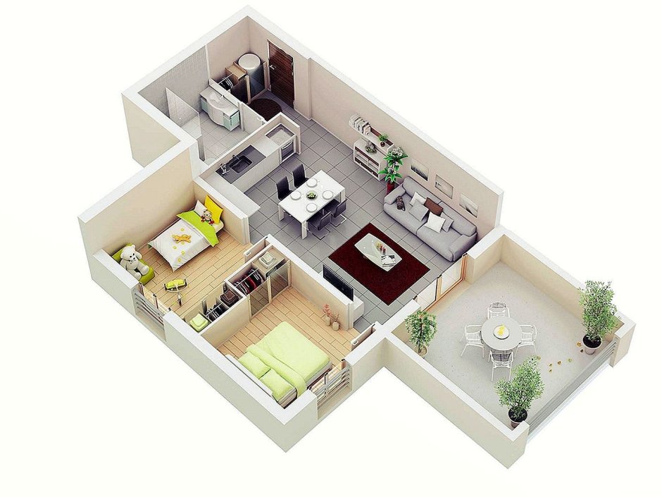 Планировка 2-х комнатной квартиры 3д