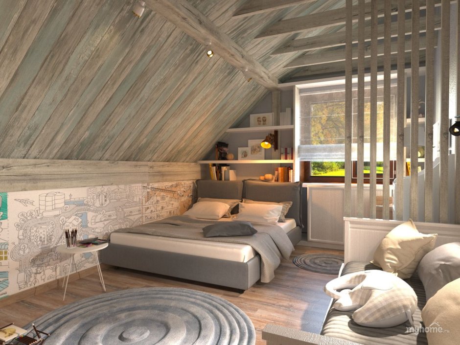 Спальня в скандинавском стиле на мансардном этаже