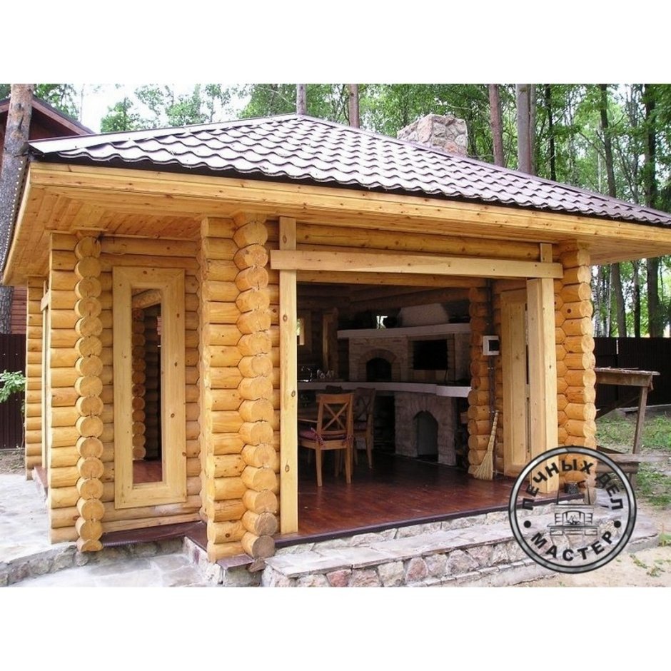 Беседка из бревна с барбекю