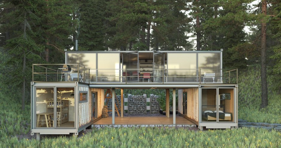 Двухэтажный модульный дом с плоской крышей