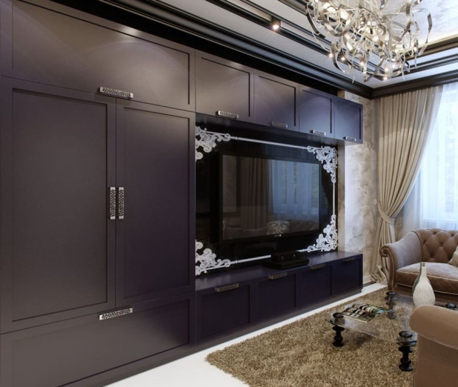 Шкаф в гостиную во всю стену с телевизором