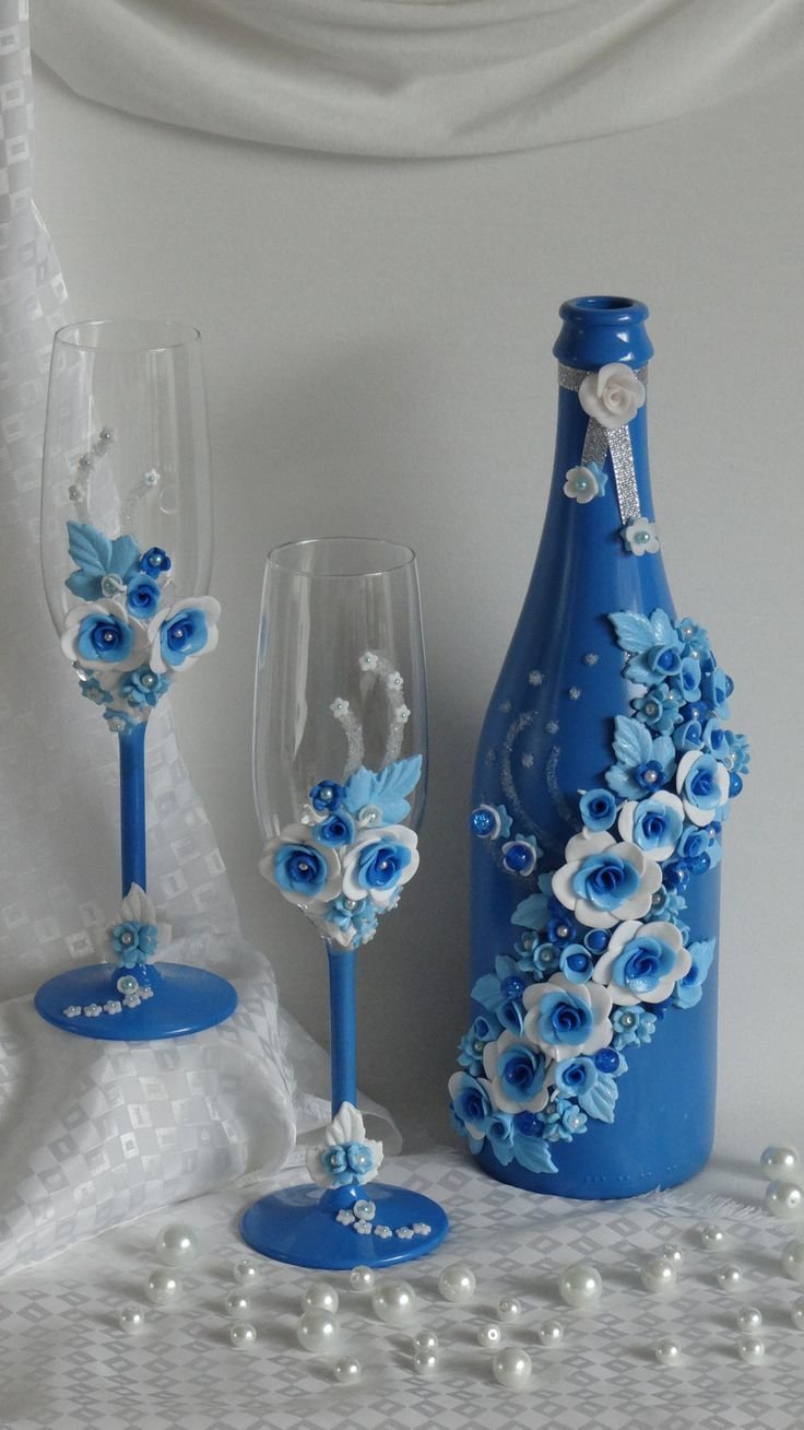 Декор свадебных бутылок и бокалов полимерной глиной