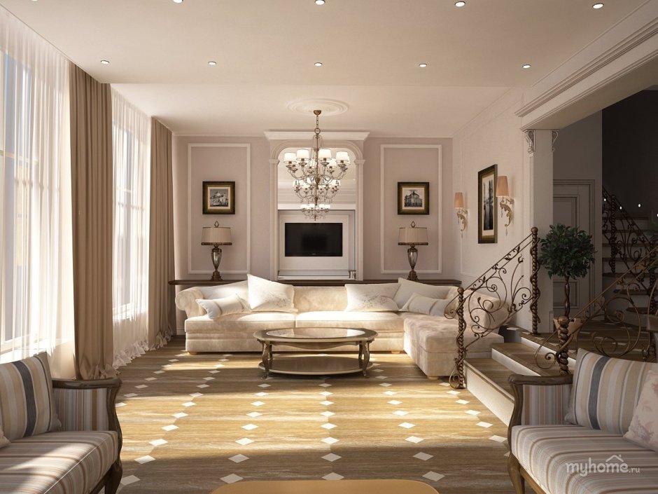 Гостиная в частном доме в светлых тонах