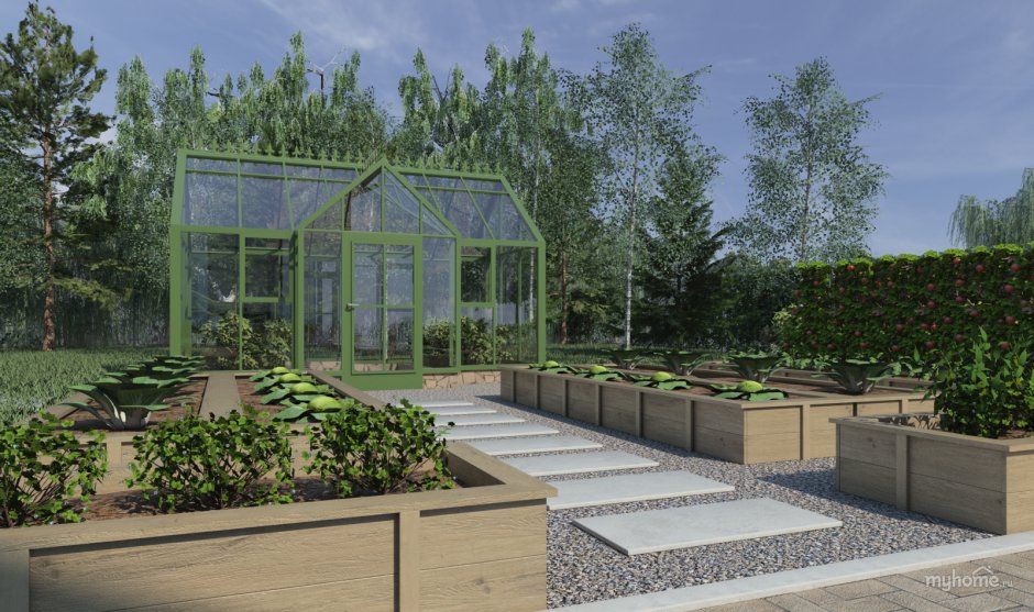 Современный огород с теплицей