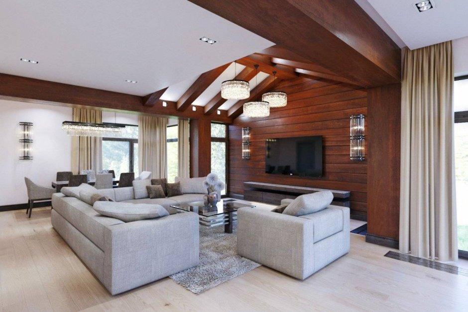 Гостиная в современном стиле в одноэтажном доме