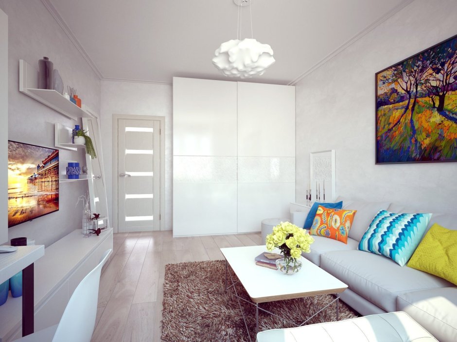 Светлая гостиная с яркими акцентами