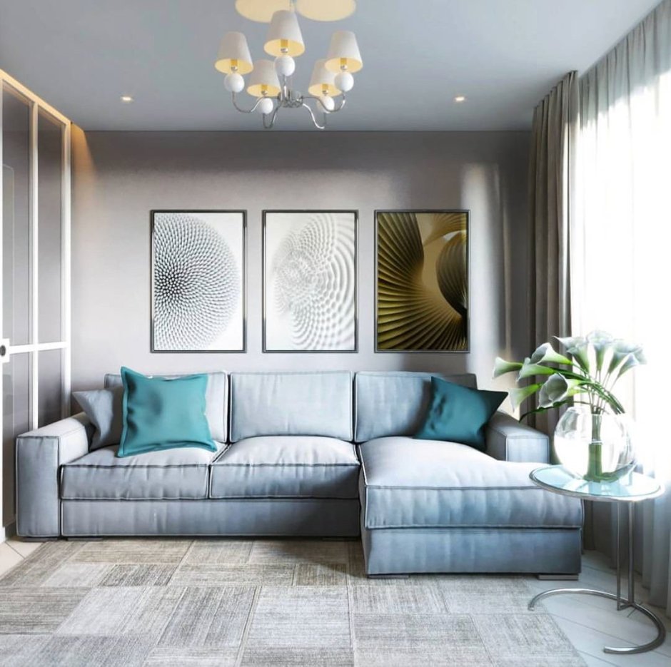 Серо-голубой диван в интерьере гостиной