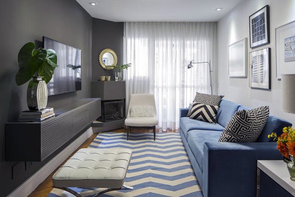 Хрущевка гостиная в серо-синих тонах