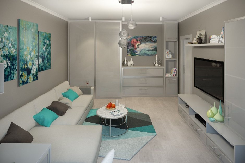 Зал в серо бирюзовых тонах