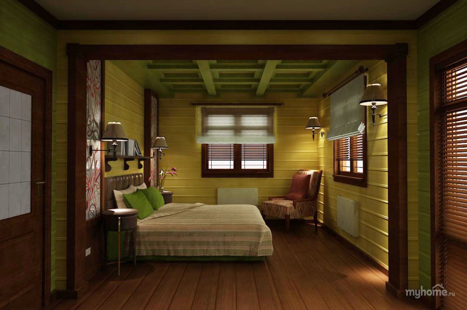 Оливковые стены в деревянном доме