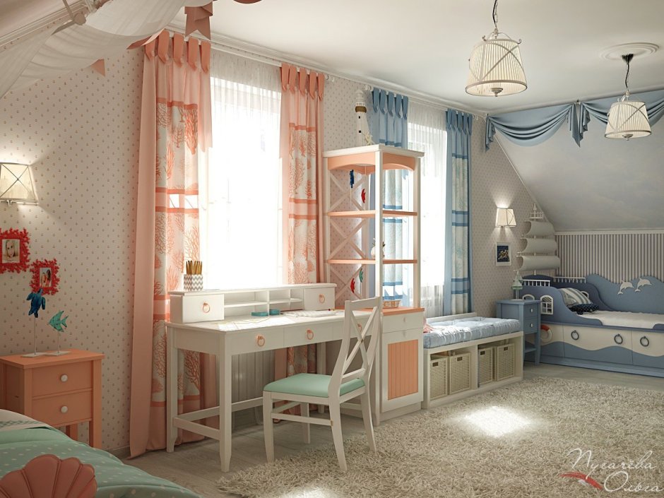 Детская комната с двумя окнами