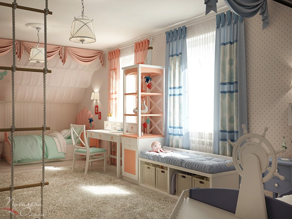 Детская комната с двумя окнами