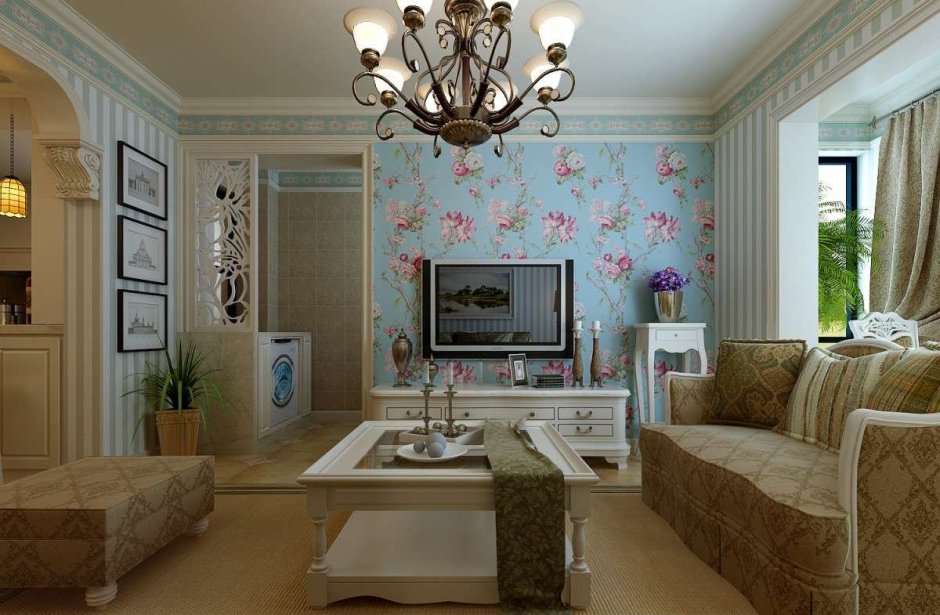 Интерьер прямоугольной гостиной с цветочными обоями