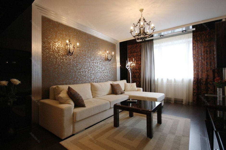 Тёмные обои в гостиной
