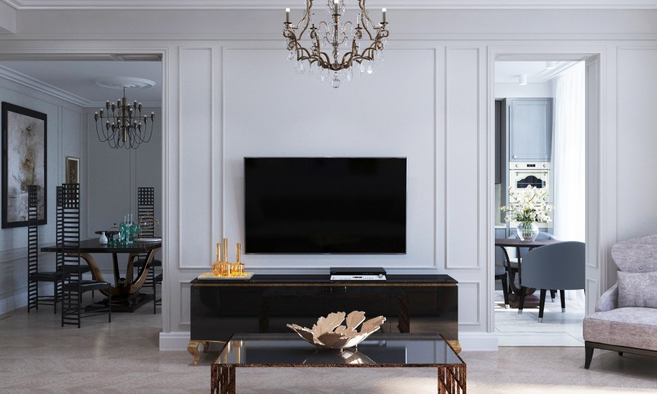 Стена с молдингами в гостиной