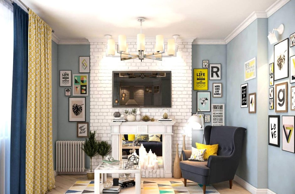 Бело голубая гостиная в скандинавском стиле