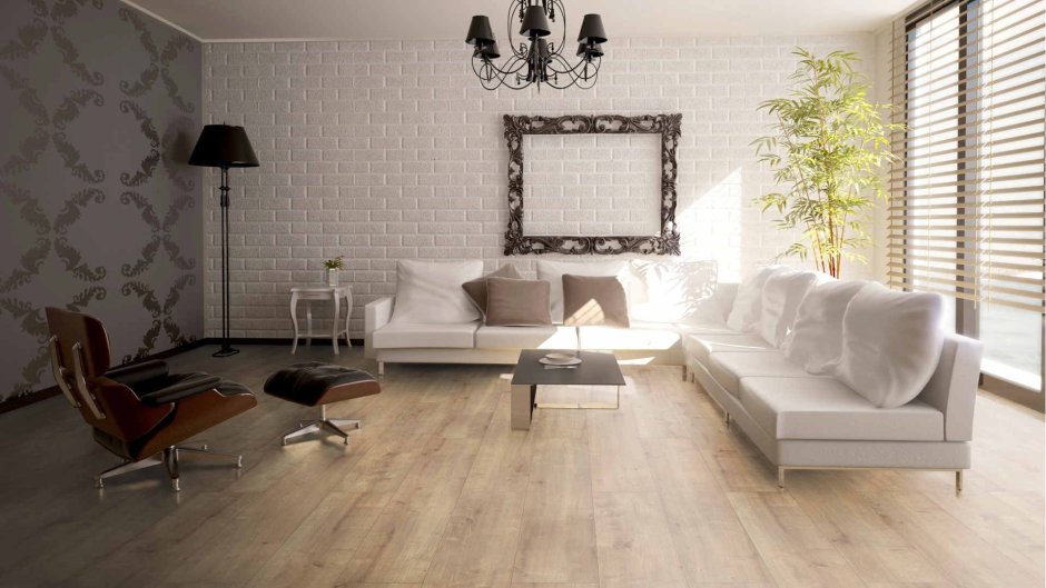 Сочетание белого кирпича и обоев