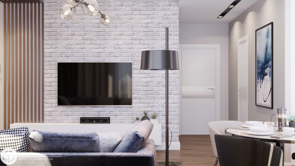Белый кирпич в интерьере гостиной
