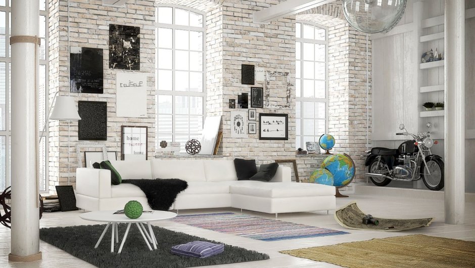 Гостиная в стиле лофт с белым кирпичом