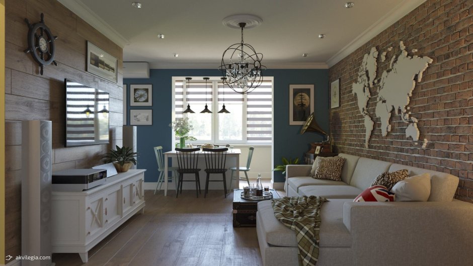 Стиль Прованс и лофт в интерьере гостиной