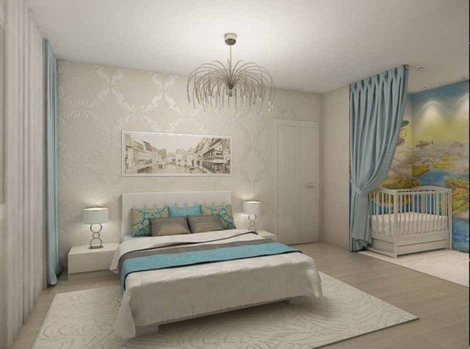 Спальня в современном стиле с детской кроваткой