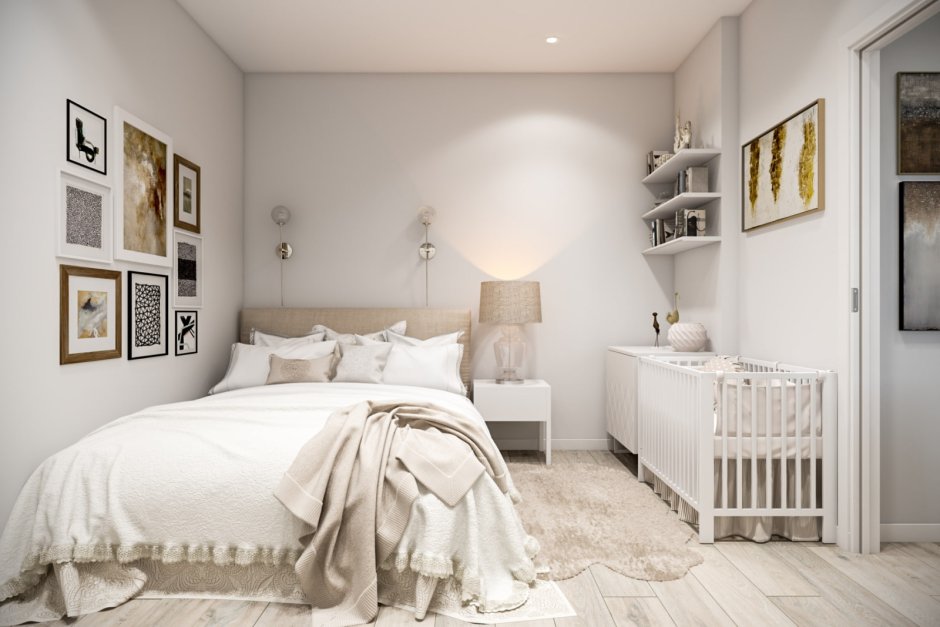 Спальня с детской кроваткой 12 кв.м Сканди