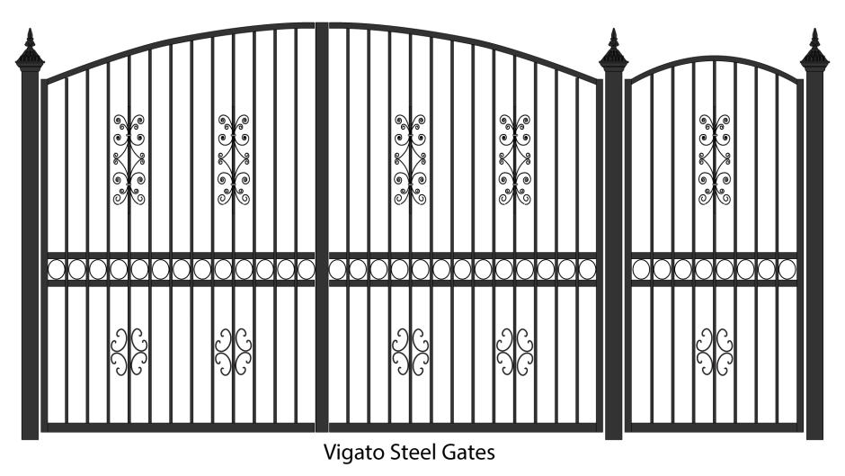 Кованые ворота с калиткой на фоне забора