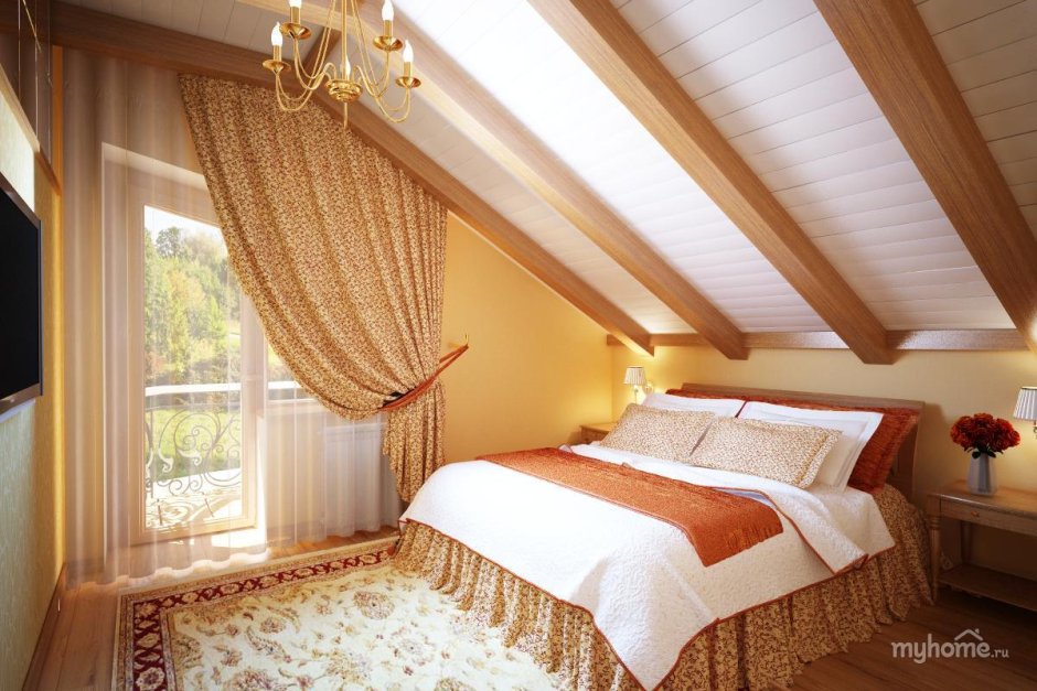 Спальня в деревянной мансарде