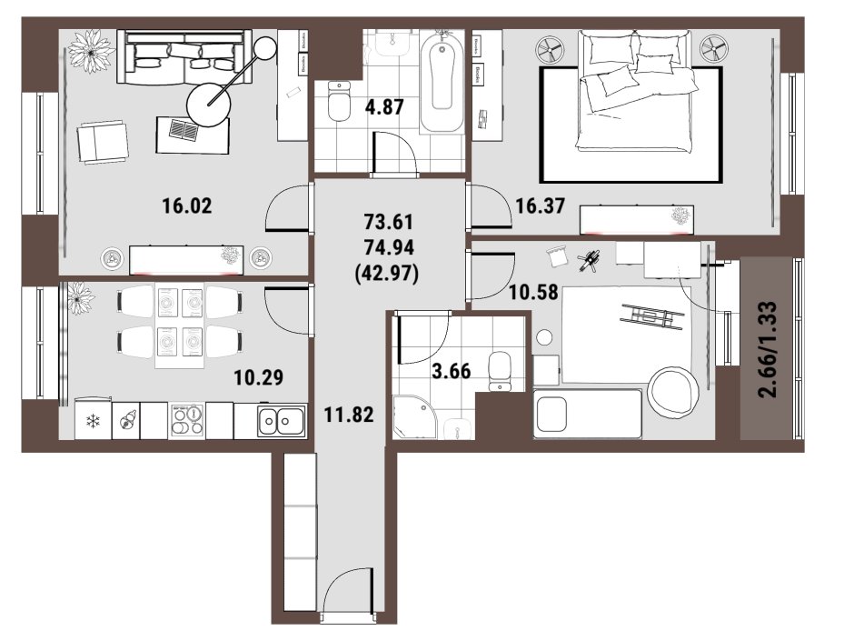 Планировка трехкомнатной квартиры 75 кв м
