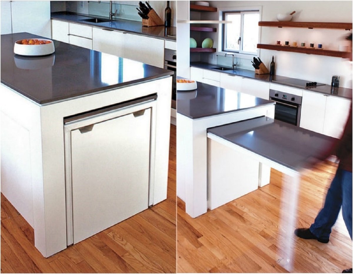 Выдвижной стол. Кухонный остров с выдвижным столом. Выдвижной столик на кухне. Выдвижная столешница на кухне.
