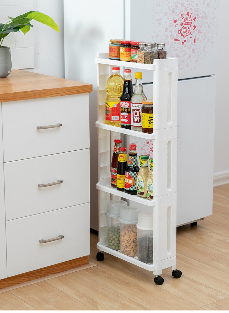 Узкая полка на колесиках для кухни