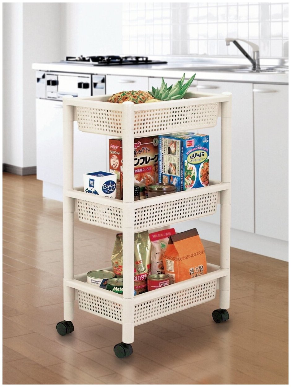 Этажерка на колесах широкая 3 яруса с выкатным ящиком Sanada, f2453, 45*29*70,5 см