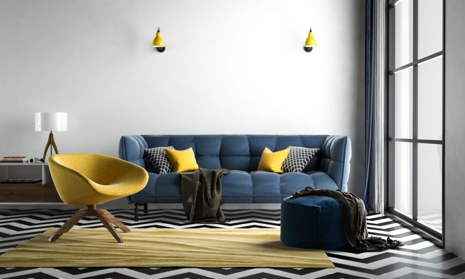 Синий диван и желтое кресло