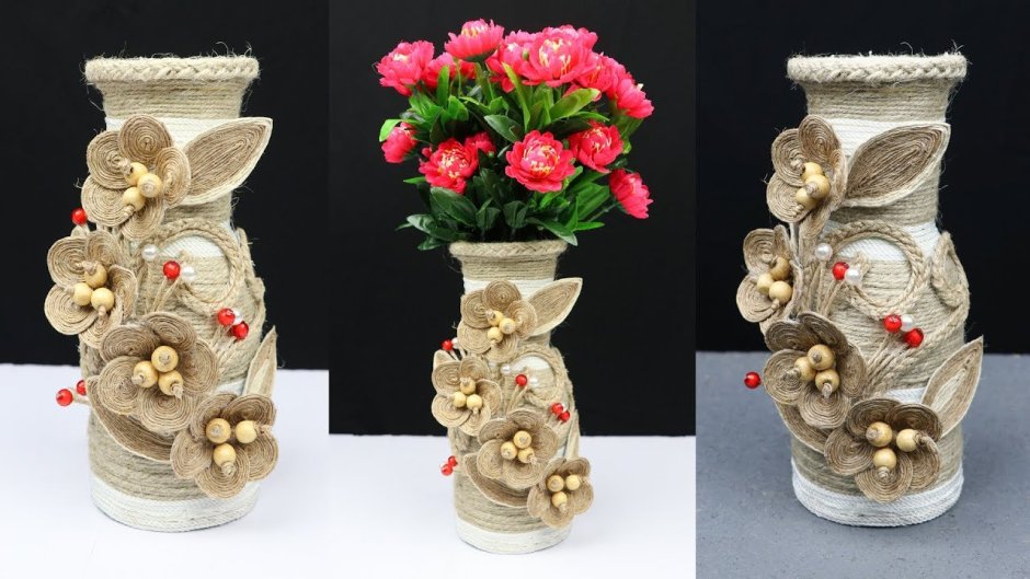 Вазы из пластиковых бутылок и джута