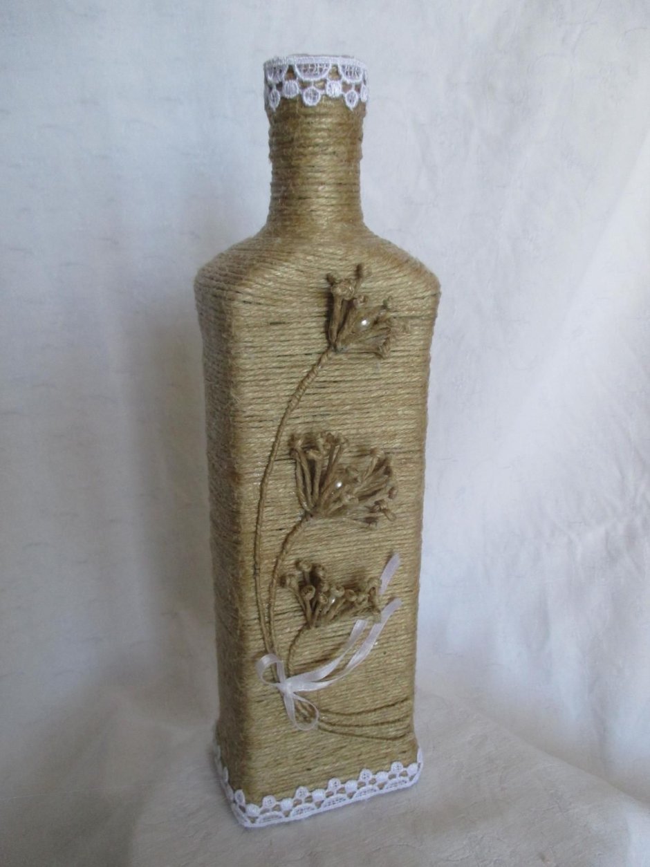 Декор бутылок джутом