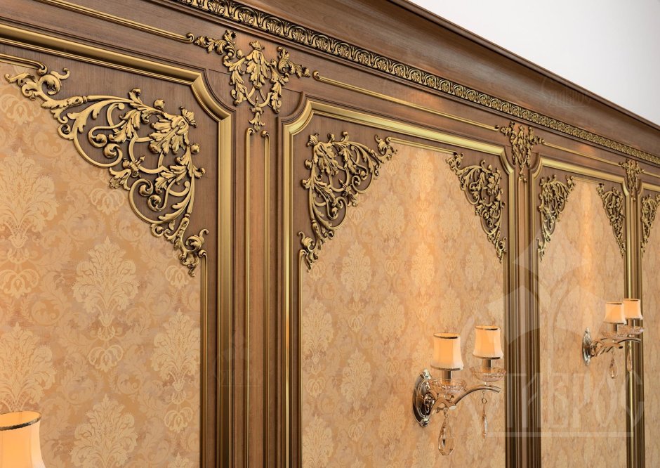 Все стены кабинета украшены резными панелями золоченым