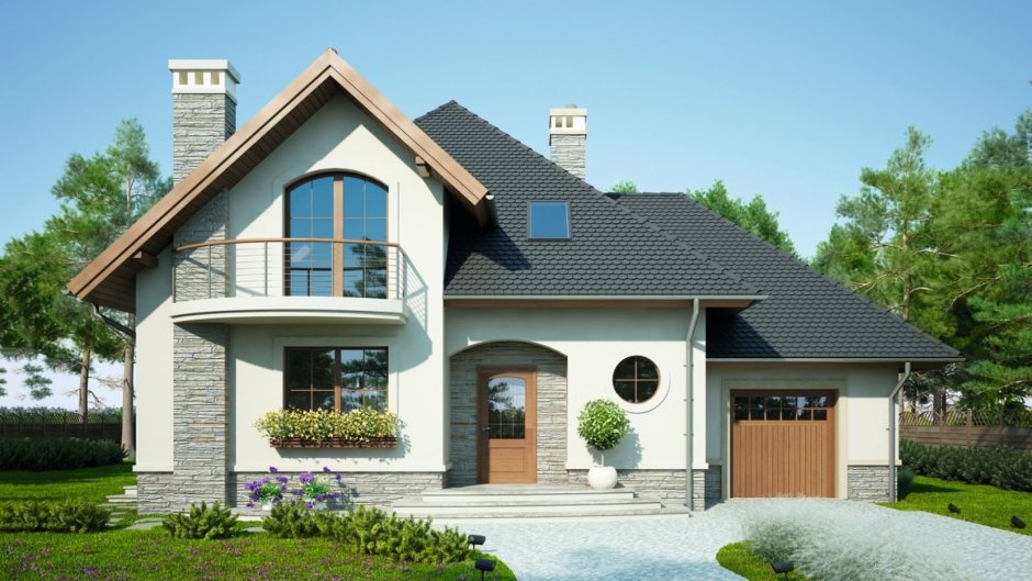 Двухэтажный коттедж с мансардой и гаражом