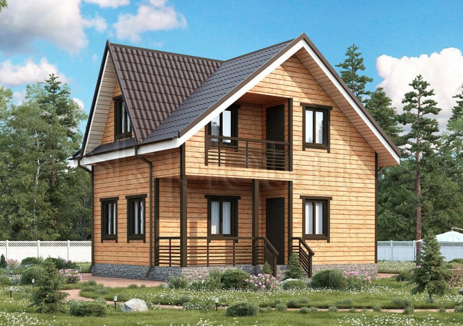 Деревянный двухэтажный дом с мансардой