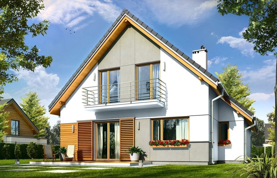 Двухэтажный дом с двускатной крышей