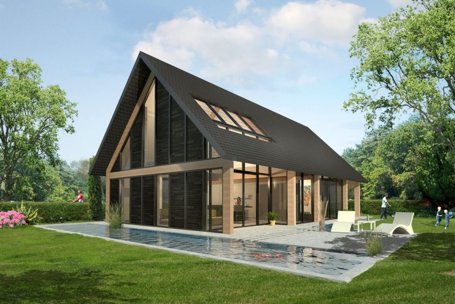 Дом с двускатной крышей в современном стиле