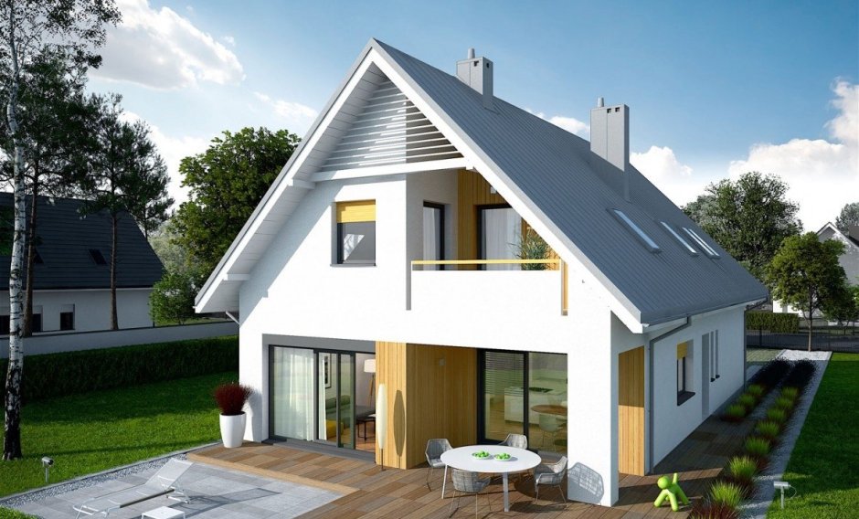 Современный двухэтажный дом с двускатной крышей