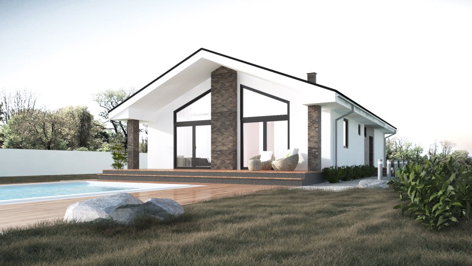 Одноэтажный дом с двухскатной крышей в современном стиле