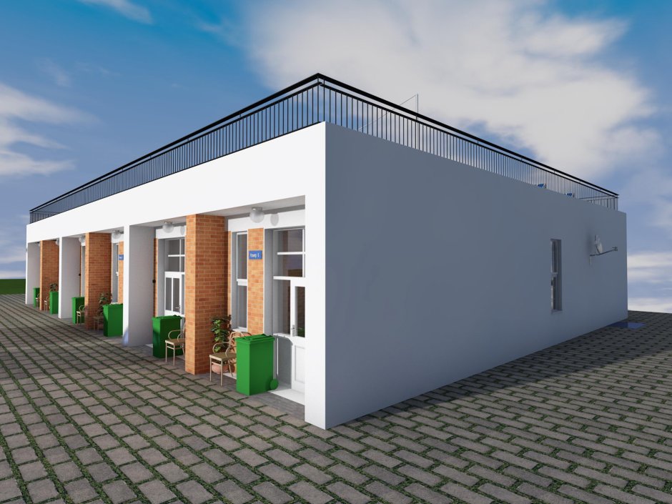 Г-образный дом одноэтажный с плоской крышей