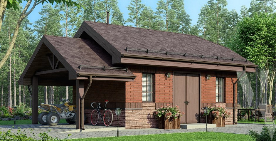 Кирпичная баня с террасой под одной крышей