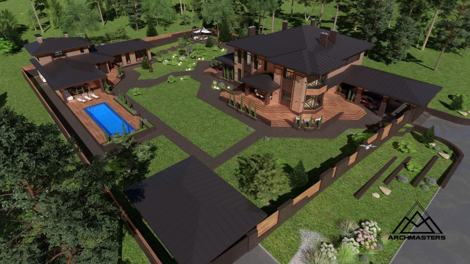 Планировка участка с бассейном и беседкой