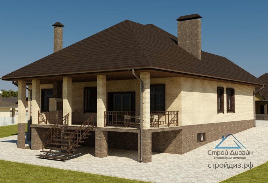 Одноэтажный кирпичный дом с высоким цоколем