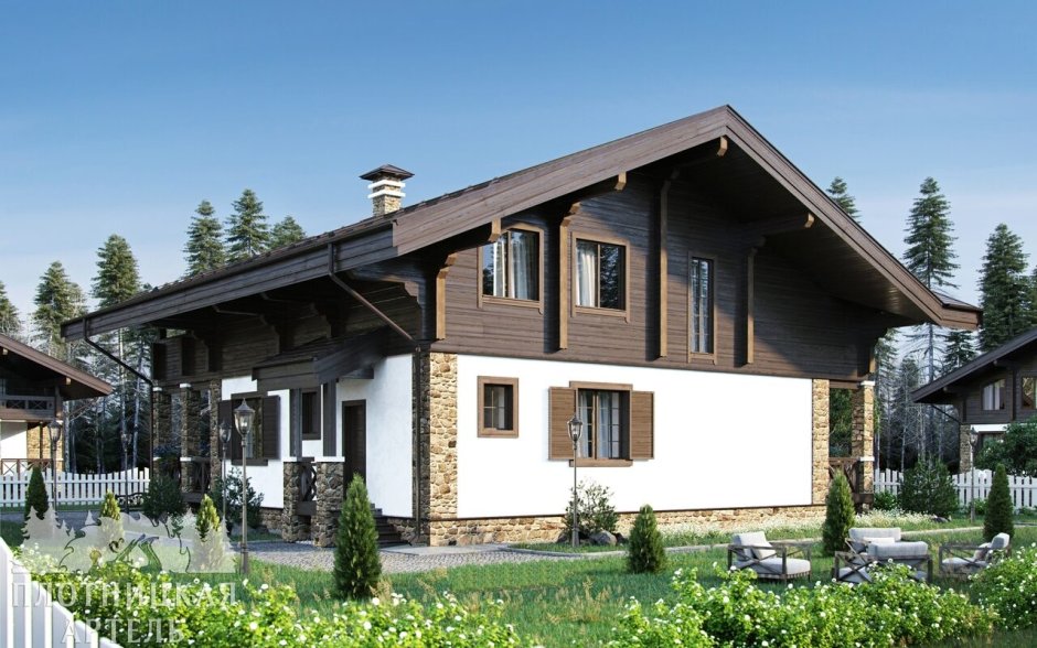 Фасад в стиле Шале с белыми окнами