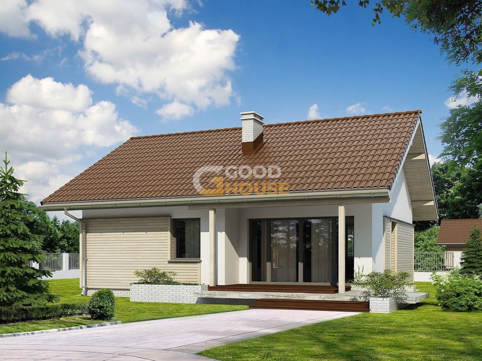 Одноэтажный дом с двускатной крышей и верандой